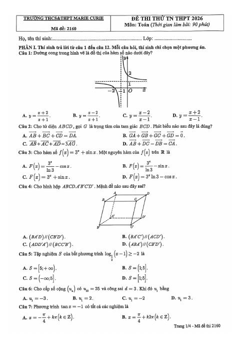 Đề thi thử tốt nghiệp THPT 2026 môn Toán trường Marie Curie – Hà Nội
